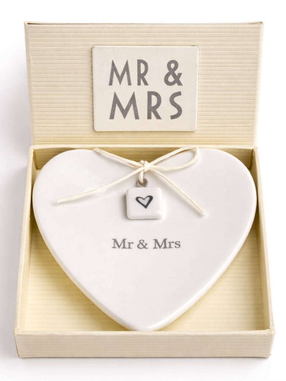 Crate & Barrel Mr & Mrs Heart Trinket Dish - Cream/White wedding gift